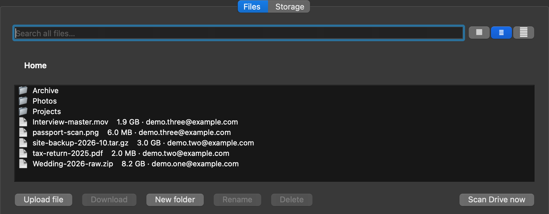Gstore's Files tab: one folder tree listing files that physically live on three different Google accounts, each row showing its size and home account.
