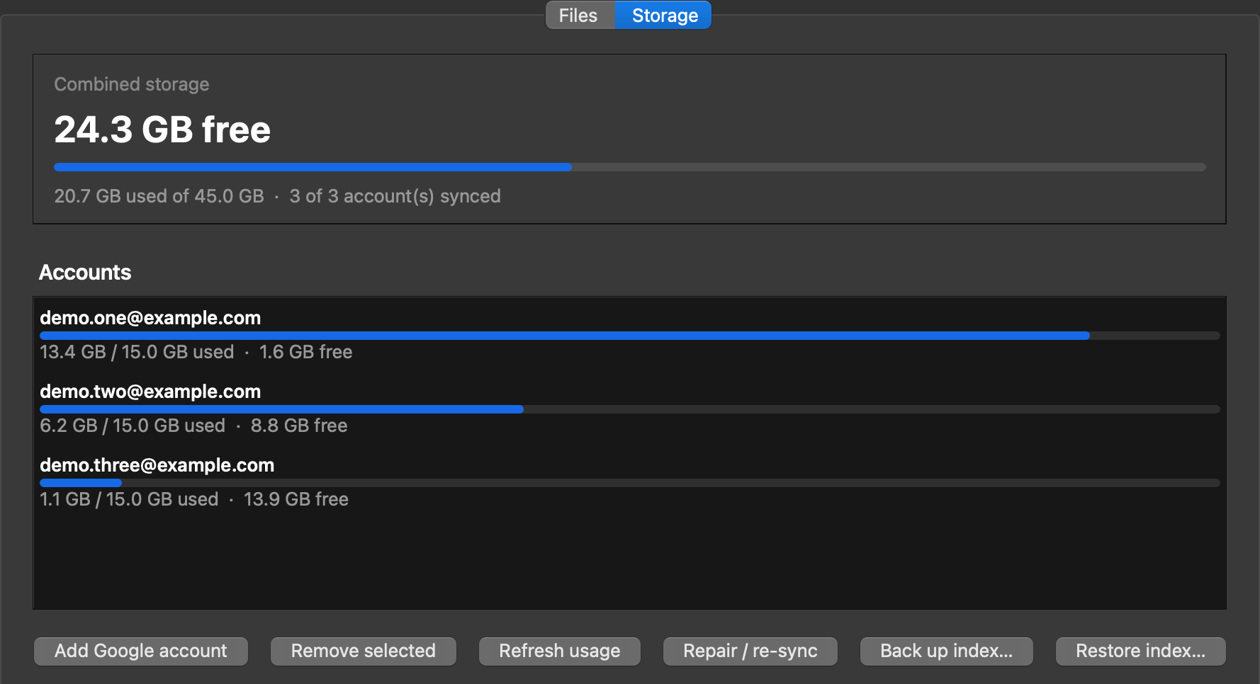 Gstore's Storage tab: a combined total reading 24.3 GB free, 20.7 GB used of 45.0 GB across three synced accounts, with a usage bar per account.